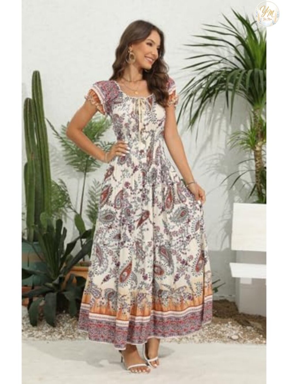Boho Floral Tiered Maxi Dress Short Sleeve Scoop Neck Summer Casual Flowy - Picture 2 of 6
